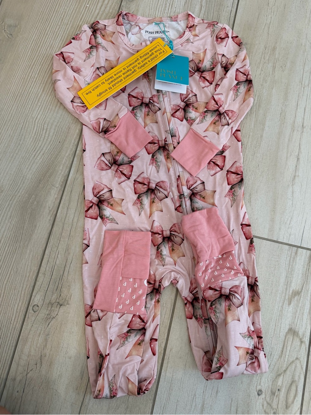 Posh Peanut Pink Bow-Print Footed One-Piece
